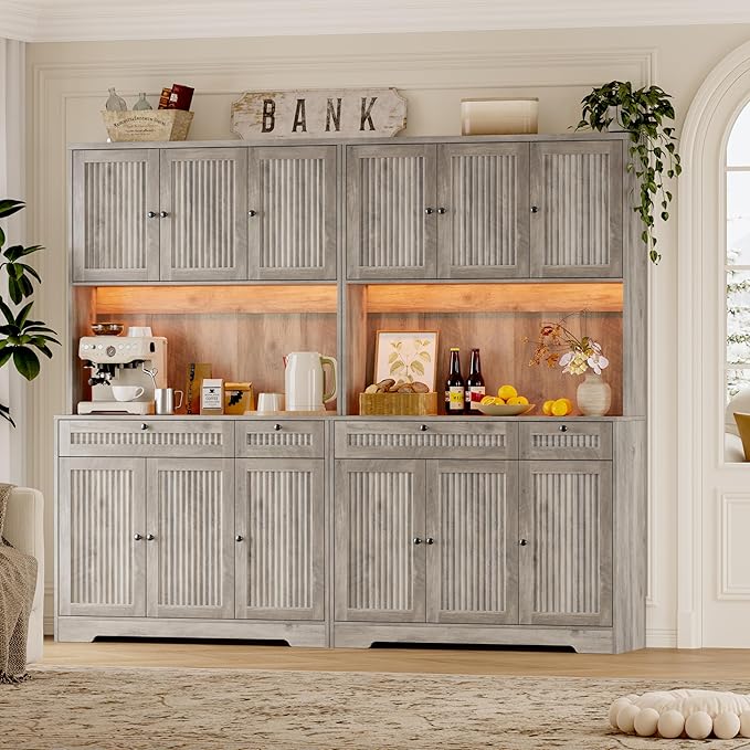 Pantry Cabinet with Charging Station and Light, Tall Kitchen Pantry Storage Cabinet with Microwave Stand, Wide Fluted Kitchen Hutch with Storage Drawers and Adjustable Shelves for Dining Room