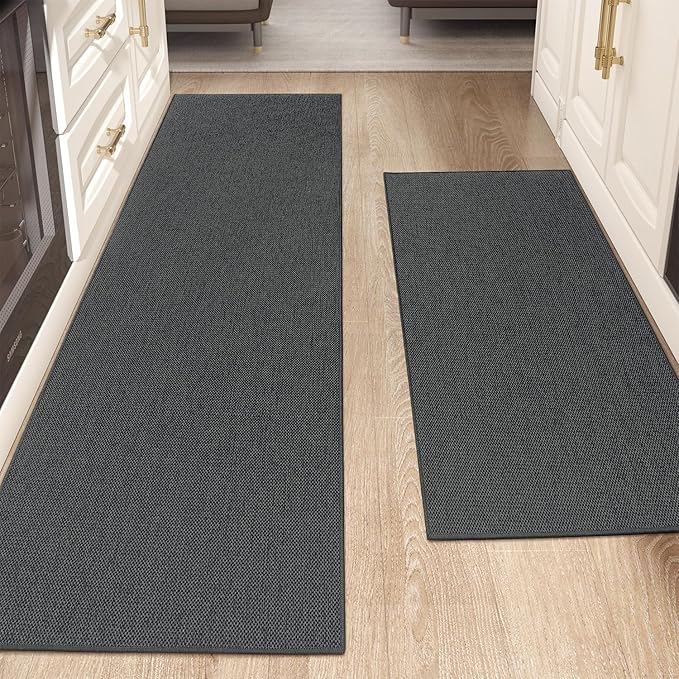 Color&Geometry 2PCS Kitchen Rugs and Mats Non Slip Washable, Absorbent Kitchen Runner, Easy to Clean Kitchen Floor Mats for in Front of Sink, Laundry Room, Hallway, 17"x29"+17"x59", Dark Grey