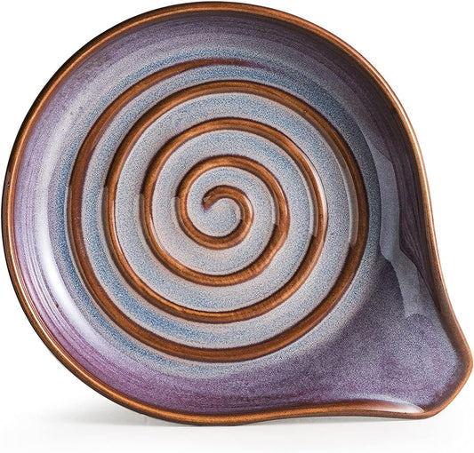 Spoon Rest, Ceramic Spoon Holder with Deep Drip Tray for Stove Top Utensils Holder for Countertop, with Handle for Easy Hold, Purple
