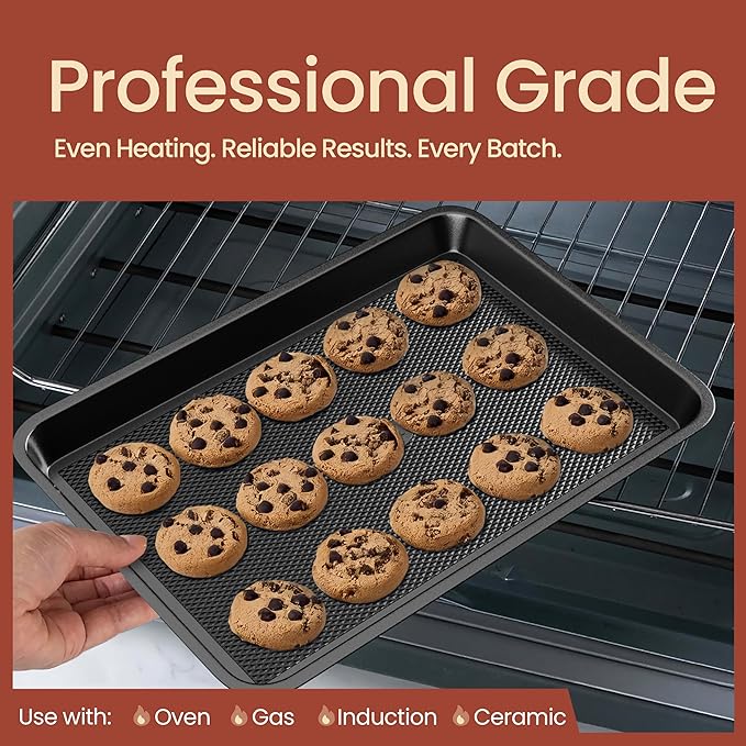 BAKKEN Kitchen Baking Pans - Small, Medium, and Large Cookie Pan (13.58×9.65, 15.75×11, 17.91×12.60), Nonstick, Diamond Texture Bottom, PFOA, PFOS, PTFE Free, Oven Safe Tray (450°F), Pack of 3, Gray