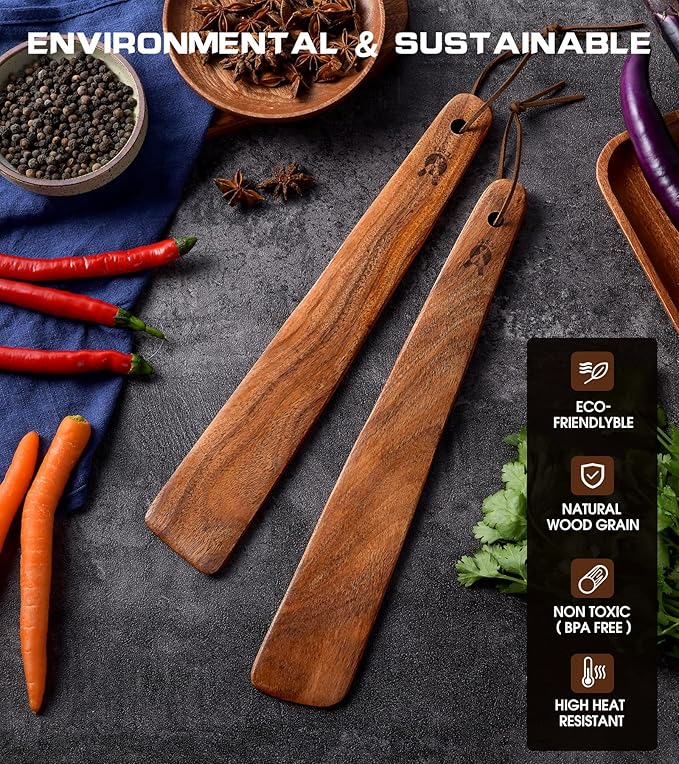 12 inch Teak Wooden Spatula for Cooking, Small Wood Flipper, Egg Scraper, Flat Wood Turner, Multipurpose Wooden Cooking Utensils, Spatulas Spoons Perfect for Flipping, Scraping & Turning, Set of 2