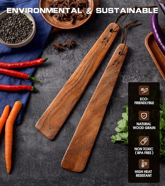 12 inch Teak Wooden Spatula for Cooking, Small Wood Flipper, Egg Scraper, Flat Wood Turner, Multipurpose Wooden Cooking Utensils, Spatulas Spoons Perfect for Flipping, Scraping & Turning, Set of 2