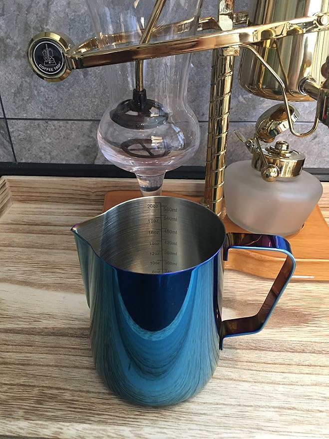 Milk Frothing Pitcher 20oz Stainless Steel Cup Perfect for Latte Art, Espresso Maker, Cappuccino Maker - 18/8 Stainless Steel Milk Frother Steaming Pitcher Cobalt Blue Color