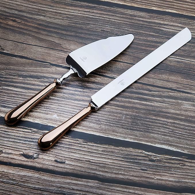 OTW PAVILION Wedding Cake Knife and Server Set,Rose Gold 18/10 Stainless Steel 2 Piece Dessert Set Pie Server Cake Cutter Knife for Birthday,Anniversary,Holiday,Baby Shower,Party