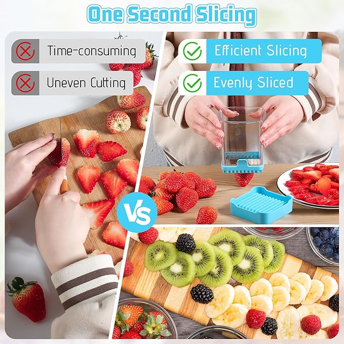 3-in-1 Strawberry Banana & Egg Slicer Cup | Detachable Fruit Cutter with Push Plate for Effortlessly Safe Slicing | Quick Meal Prep & Snacks Kitchen Gadget (Blue)