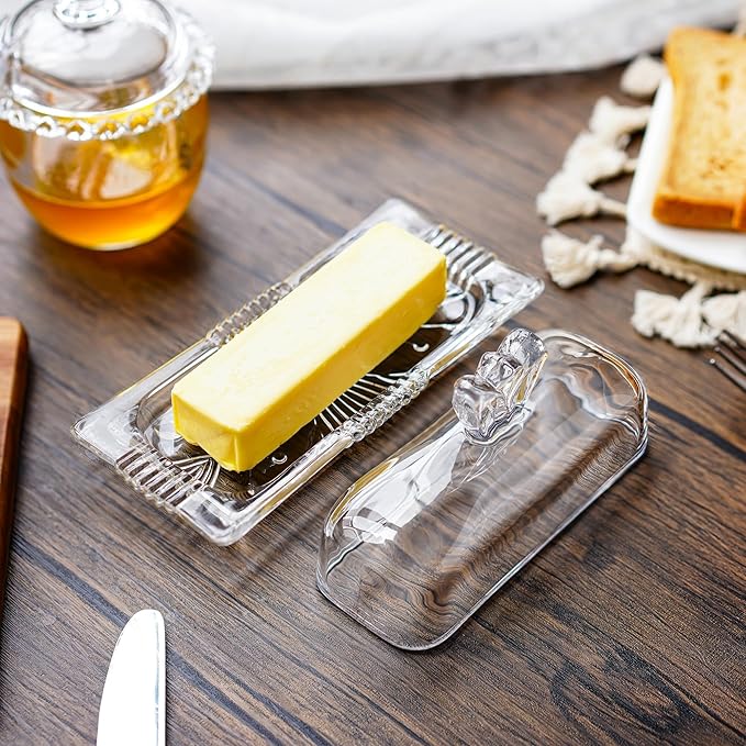 7'' Glass Butter Dish with Lid - Elegant Countertop Butter Container Holds,Clear Butter Keeper for Home Kitchen Decor,Dishwasher Safe