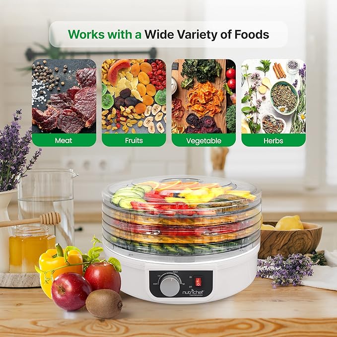 NutriChef Food Dehydrator Machine | Dehydrate Beef Jerky, Meats, Mushrooms, Fruits & Vegetables | Great For At Home Use | Uses High-Heat Circulation for Even Dehydration | 5 Easy to Clean Trays.