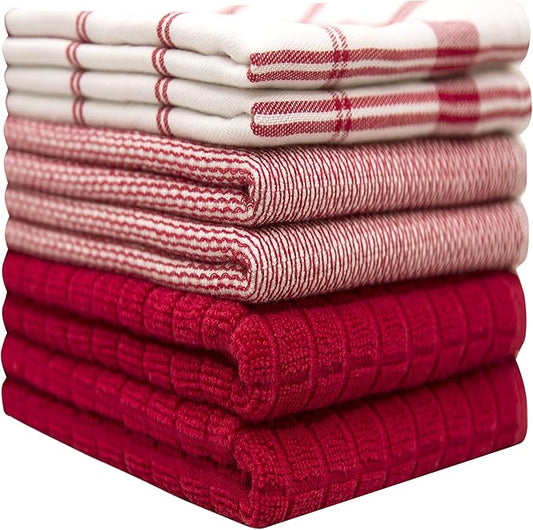 Premium Kitchen Towels (20”x 28”, 6 Pack) | Large Cotton Dish Towels | Flat & Terry Highly Absorbent Kitchen Linen Set with Hanging Loop | Red Check