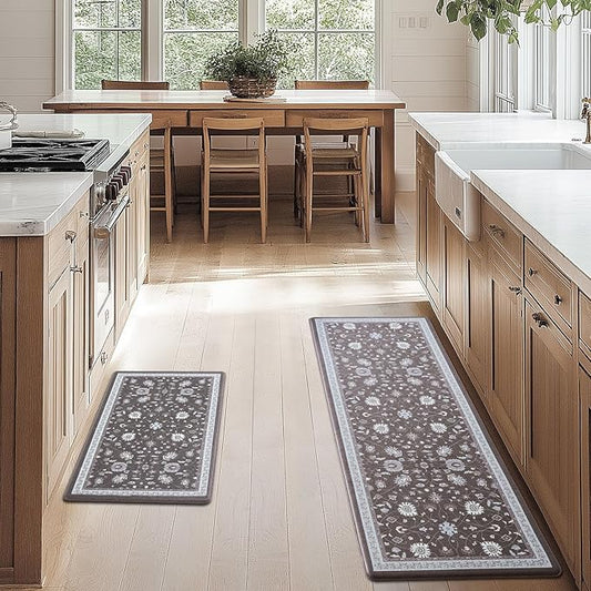 FRESHMINT Anti Fatigue Kitchen Mats for Floor 2 Piece Set, Waterproof & Non-Skid Vintage Floarl Kitchen Rugs, Cushioned Kitchen Mat for Standing Washable Comfort Desk Kitchen Runners, 17x30''+17x47''