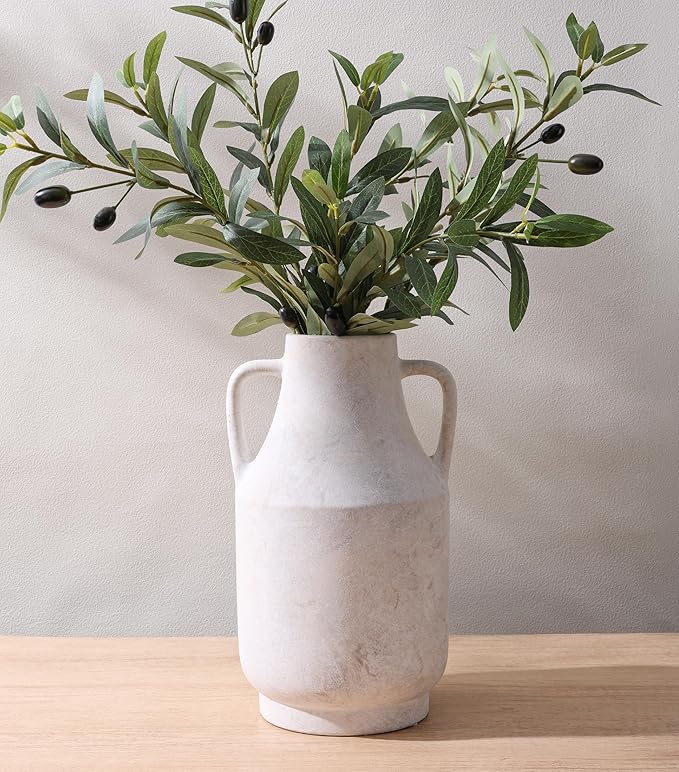 11'' Rustic Ceramic Flower Vase with Dual Handles Farmhouse Pottery Vases Decorative Large Vases for House Entryway Kitchen Table Centerpieces, Vintage White