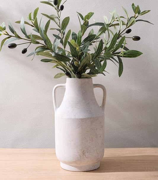 11'' Rustic Ceramic Flower Vase with Dual Handles Farmhouse Pottery Vases Decorative Large Vases for House Entryway Kitchen Table Centerpieces, Vintage White