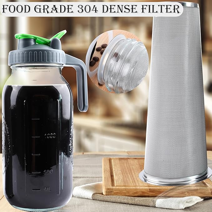 Cold Brew Coffee Maker 64 Oz Mason Jar Iced Tea Pitcher With Strainer 2 Set Half Gallon Glass Pitcher With Spout Lid 2 Quar Water Jug For Fridge Beverage, Sun Tea, Hot Cold Brew, Lemonade, Juice