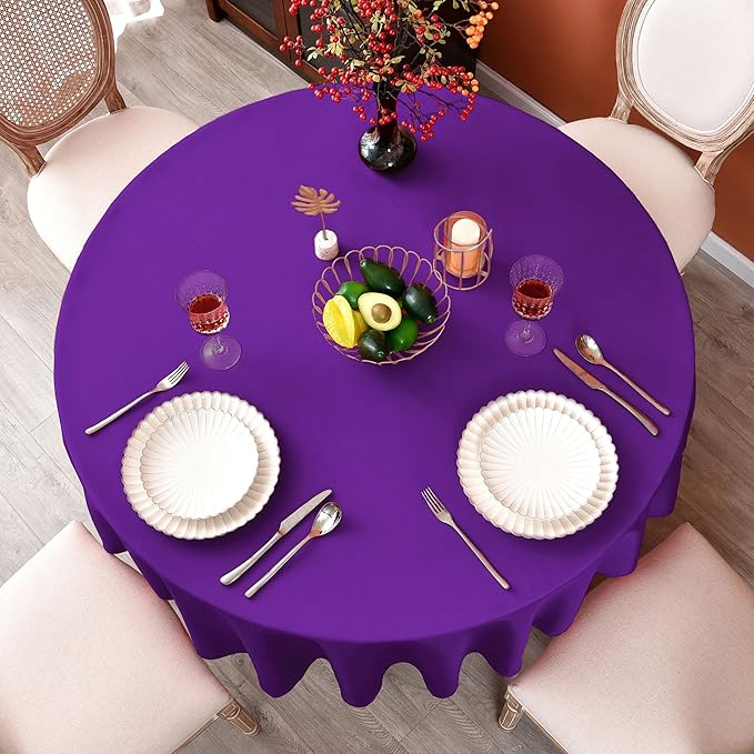 MEANMOY Purple 210 GSM Water & Stain Resistant Round Tablecloth for Circle Table - Solid 60 Inch Table Cloth Cover in Wrinkle Free Durable Washable Polyester Fabric for Wedding, Party, Banquet