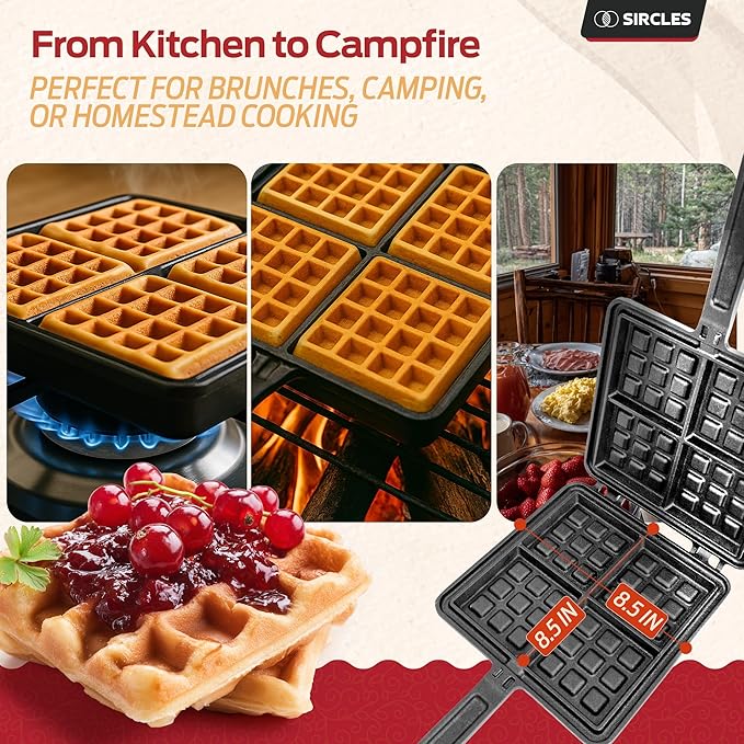 Sircles Cast Iron Waffle Maker - Makes 4 Square Belgian Waffles - Non Electric - Heavy Duty - Belgian Waffle Maker - 8.5 inch Square Waffles - E-book recipes