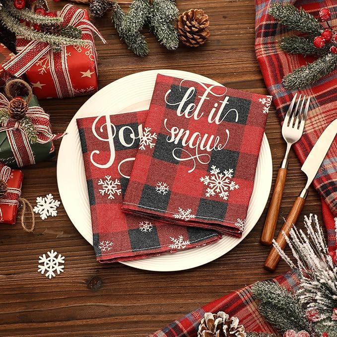 24 Pcs Christmas Plaid Cloth Napkins Buffalo Gingham 15 x 15 Inches Snowflakes Black and Red Checked Cotton Dinner Napkins Soft Absorbent Washable for Holiday Winter Xmas Party