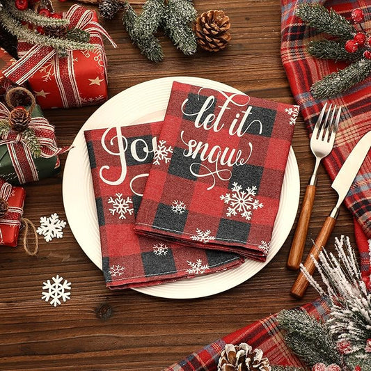 24 Pcs Christmas Plaid Cloth Napkins Buffalo Gingham 15 x 15 Inches Snowflakes Black and Red Checked Cotton Dinner Napkins Soft Absorbent Washable for Holiday Winter Xmas Party