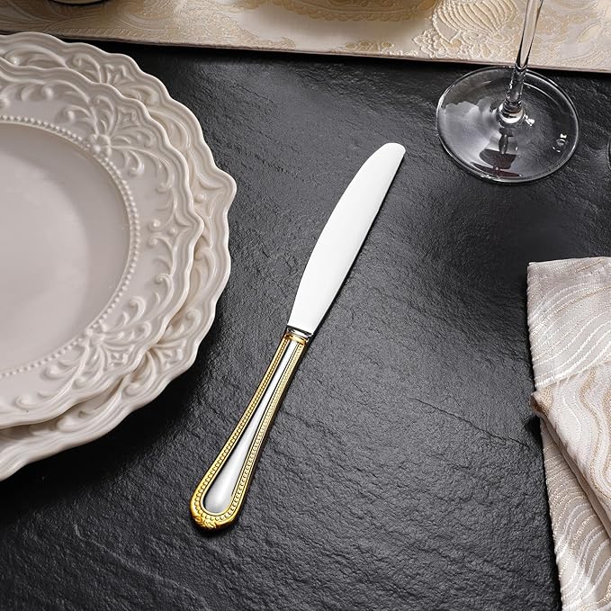 KEAWELL Pearl Edge 4-Piece Premium Dinner Knives: Stainless Steel Table Knives with a Refined Bead Design, Brightly Polished, 9.6 Inches, Dishwasher Safe. (Gold Accent)