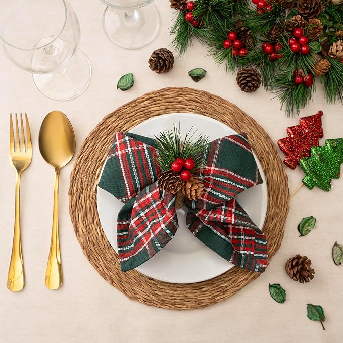 Blue Needles Gingham Buffalo Plaid Cloth Napkins 100% Cotton Set of 12 Dinner Table Christmas Napkins 18x18 inch Soft Reusable Washable Perfect for Event Parties & Everyday Use - Christmas Multi Green