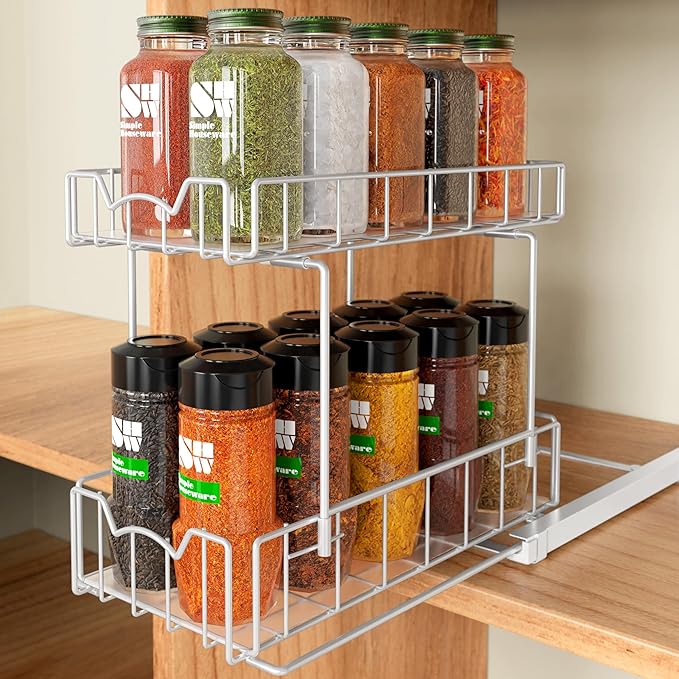 Simple Houseware 2-Tier Spice Rack Slide Out Wire Basket Drawer Organizer, White