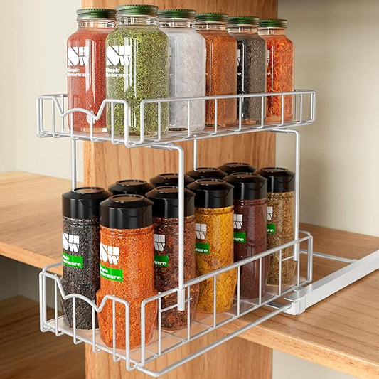 Simple Houseware 2-Tier Spice Rack Slide Out Wire Basket Drawer Organizer, White