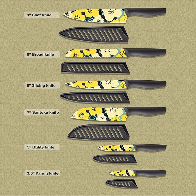 Marco Almond Knife Set Artistic Designed Pattern Kitchen Knife 6 Stainless Steel Kitchen Knives w 6 Blade Guards, Dishwasher Safe Knives for Family Kitchen Knives Set for Chefs
