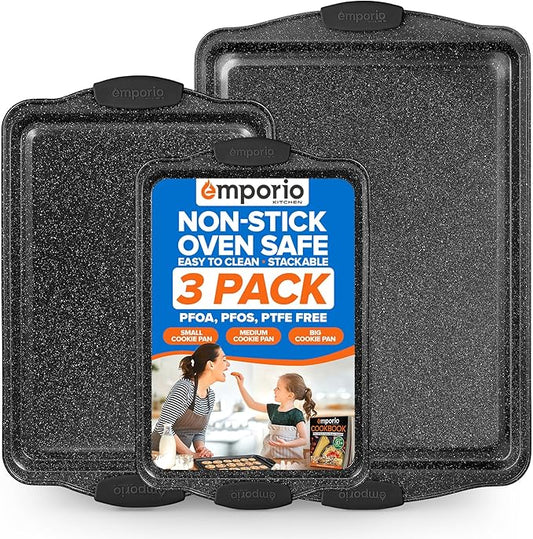 Emporio Kitchen Baking Pan Set - Nonstick Coating, Carbon Steel Bakeware Sets with Gray Silicone Handles, PFOA, PFOS, PTFE Free, Recipe Booklet Included, Oven Safe Tray (Up To 450° F), Set of 3 - Gray
