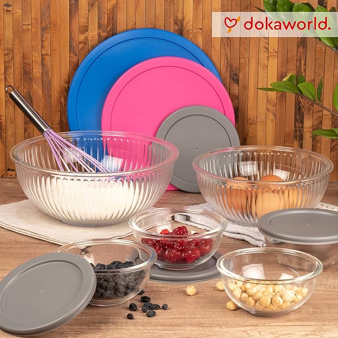 Set of 6 Stackable Space-Saving Nesting Glass Bowls with BPA Free Lids for Foodprep, Storage, Baking, Mixing & Cooking, Microwave Safe - Durable Inert Borosilicate Glass