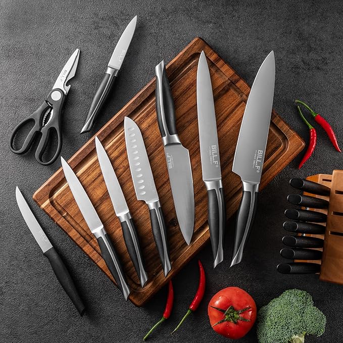 Wood Kitchen Set Knife Set for Kitchen with Block Stainless Steel Knives 17 Pcs and Cutting Board with Groove,Black Handles and Sharp Stainless Steel Professional Chef Knife Set