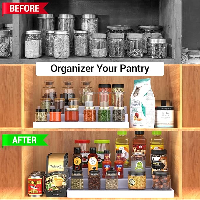YAN & HIN 3pcs/set 3-Tier Spice Rack Organizer for Cabinet with Non-Skid Surface, Seasoning Racks, Shelf Organizers, Kitchen Spice Storage & Pantry Organization, 14 x 7 x 2.95 inches