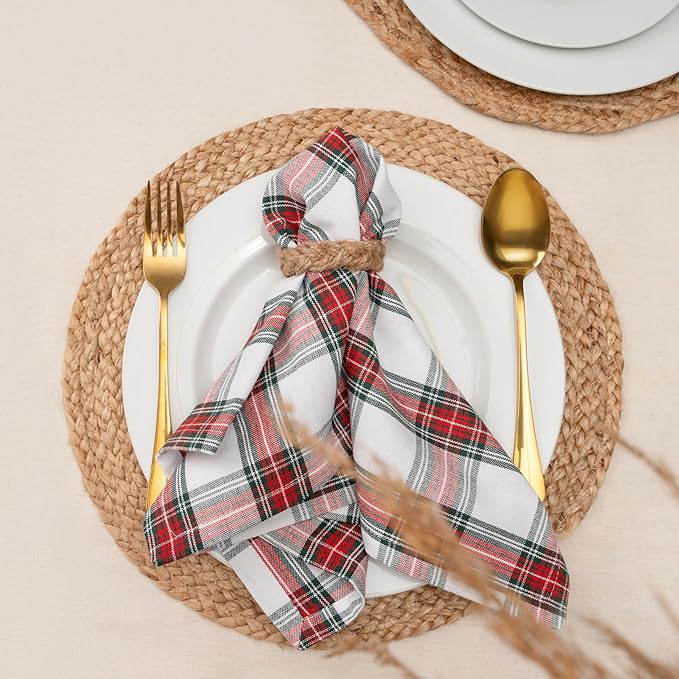 Blue Needles Gingham Buffalo Plaid Cloth Napkins 100% Cotton Set of 12 Dinner Table Christmas Napkins 18x18 inch Soft, Reusable & Washable Perfect for Parties & Everyday Use - Christmas White Red
