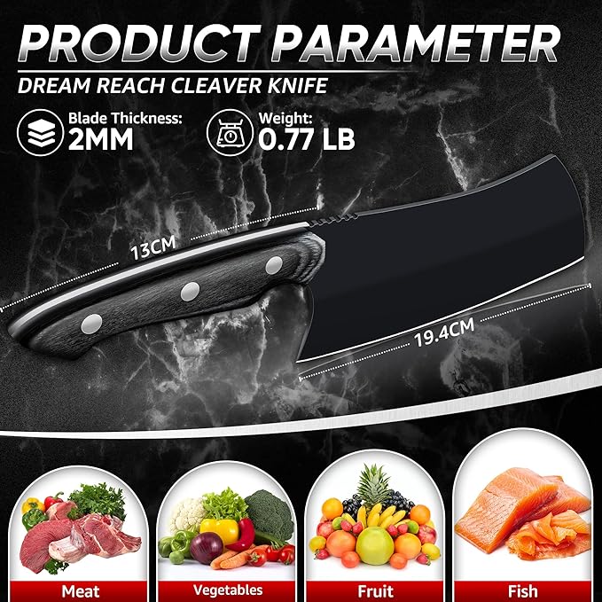 Dream Reach Meat Cleaver Knife- Full Tang Hand Forged Black Butcher Knife for Kitchen BBQ, Birthday Mother Father Gift
