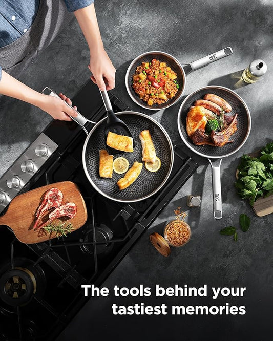 Non Stick Frying Pans Hybrid Ceramic, 12 Inch Tri-Ply Stainless Steel Skillet, Non-Toxic, PFAS/PFOA/PTFE Free, Metal Utensil Safe, Dishwasher & Oven Safe, Induction Compatible
