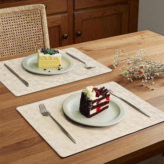 Jovono Faux Leather Placemats Set of 6, 17.8"x11.8", Waterproof & Oil-Proof Table Mats, Easy-Clean Washable Kitchen Place Mats for Dining Table, Fabric Texture, Beige Mat
