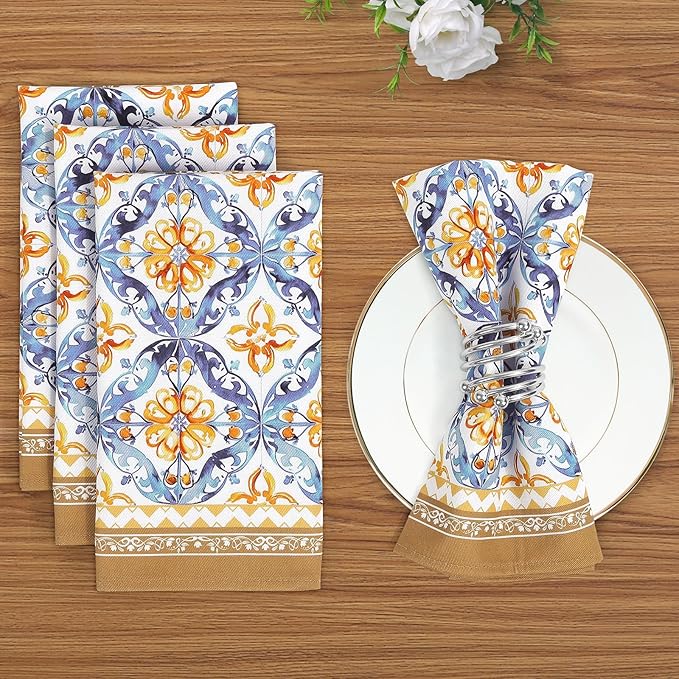 Boho Floral Print Cloth Napkins 100% Cotton, 18" X 18" Dinner Napkins Cloth Set, Washable Napkins for Home, Kitchen, Dinner, Party, Wedding, Cocktail, Set of 4