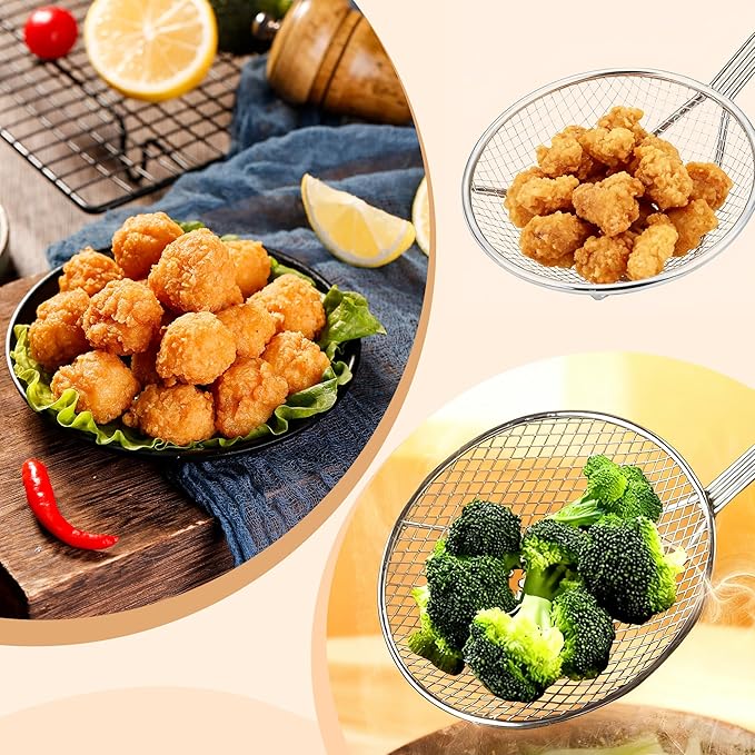 2 Pack 18-Inch Wire Skimmer Nickel Plated Wire Mesh Strainer with Long Handle Round Frying Spoon Cooking Oil Strainer for Kitchen Fried Food