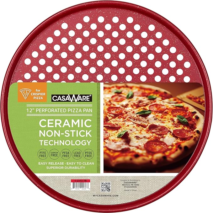 casaWare Perforated Pizza Pan 12-inch, Ceramic Coated NonStick (Red Granite)