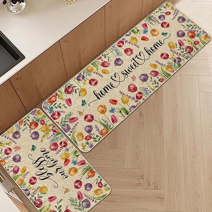 Tulip Lavender Easter Kitchen Mats for Floor Set of 2, Tulip Flower Spring Floor Mats, Non Slip Rubber Backing Kitchen Floor Mat and Rug Set for Kitchen Sink, Office, Laundry