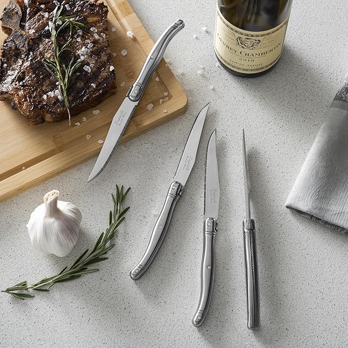 French Home Laguiole Connoisseur 4-Piece Steak Knife Set – Stainless Steel with Etched Detailing & Napoleon Bee Emblem – Serrated Knives for Smooth Cutting (9.25")