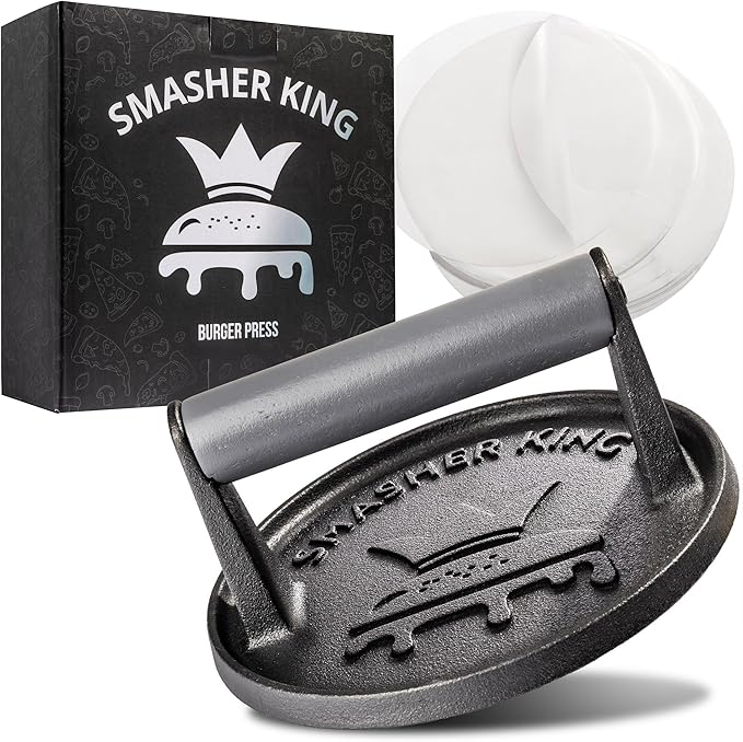 SMASHER KING™ - Smash Burger Press - Cast Iron Burger Smasher And Hamburger Patty Maker - Smash Burger Kit With 25 Sheets Of Paper - Grill Press And Steak Weight For Heavy Meat Smasher Cooking Results