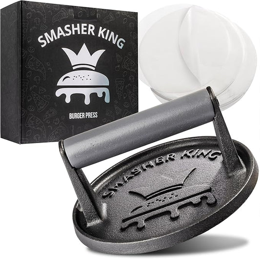 SMASHER KING™ - Smash Burger Press - Cast Iron Burger Smasher And Hamburger Patty Maker - Smash Burger Kit With 25 Sheets Of Paper - Grill Press And Steak Weight For Heavy Meat Smasher Cooking Results