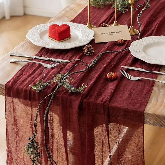 Keketoarrange 6pcs Burgundy Table Runner Valentines Decor Red Cheesecloth Gauze 120 Inch 10 FT Rustic Boho Cheese Cloth Runner for Wedding Baby Bridal Shower Party Long Sheer Spring Home Decorations