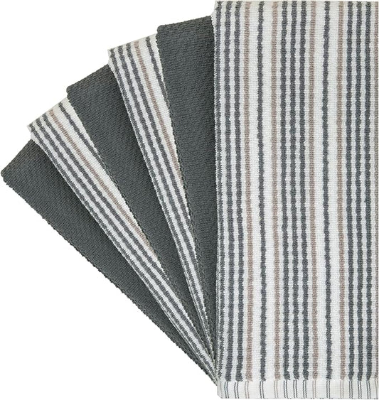 Kitchen Towels 16”x 26” - 6 Pack | Large Cotton Dish Towels | Popcorn Stripe Design | 430 GSM Highly Absorbent with Hanging Loop | Gray