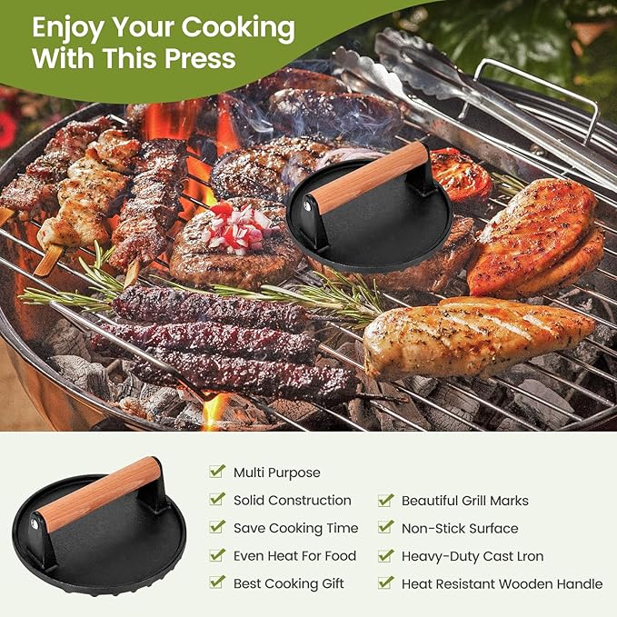 Whaleme Smashed Burger Press, 7” Round Heavy-Duty Cast Iron Smash Meat Steak with Wooden Handle for Blackstone Griddle, Juicy and Crispy Burgers for BBQs, Cookouts
