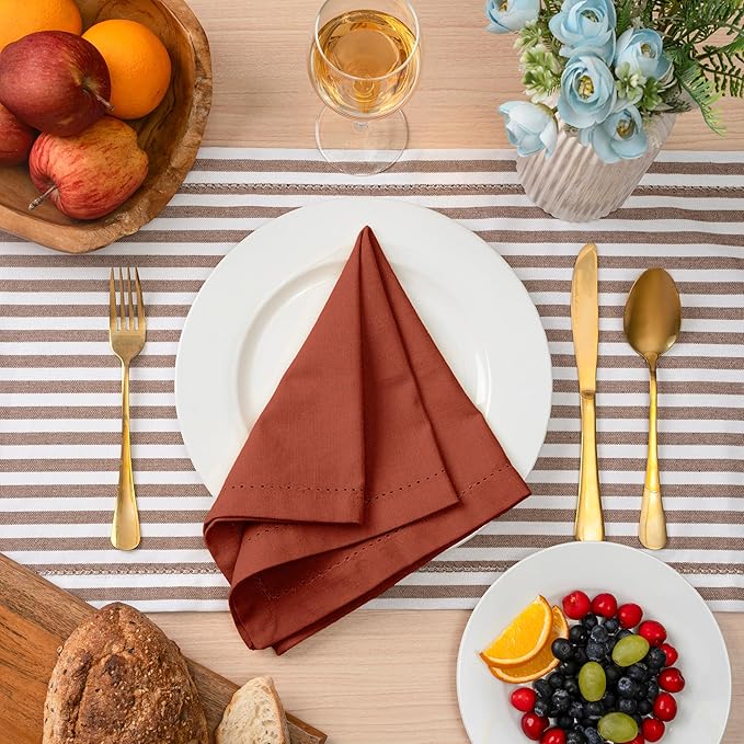 Blue Needles Set of 12 Hemstitch Linen Napkins 100% Cotton Rust Cloth Dinner Napkins 18x18 inches, Soft, Reusable, Absorbent, Washable, Ideal for Wedding Events, Parties & Everyday Use