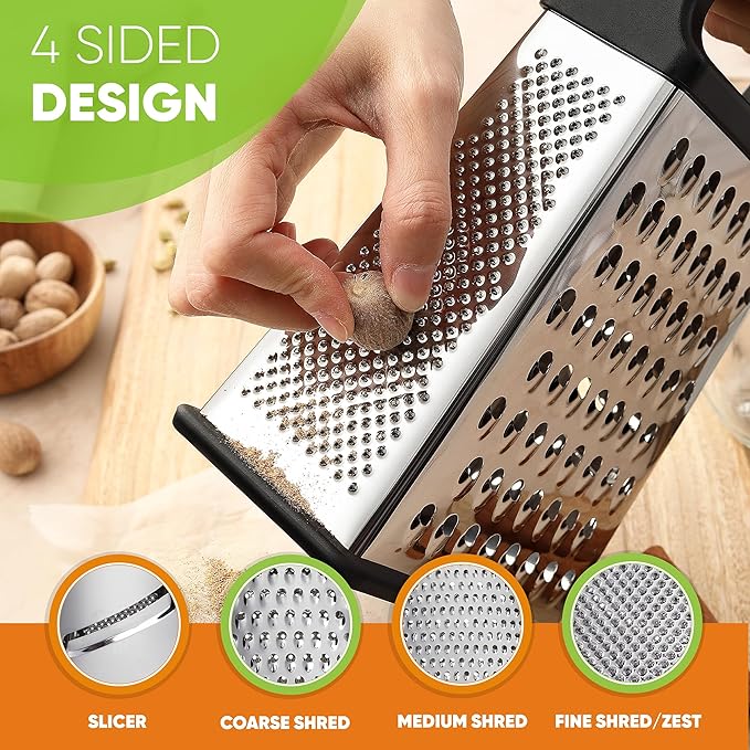 Spring Chef Stainless Steel Lemon Zester, Fine & Coarse Shred, Set of 2 & Professional Cheese Box Grater, XL Size - 2 Product Bundle - Black