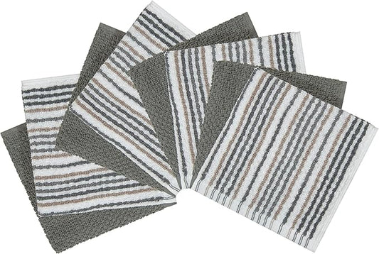 Bumble Towels Premium Dish Cloths 12"x12" | 100% Natural Ring Spun Cotton Tea Towel Set | 430 GSM | Highly Absorbent & Soft | 8 Pack - 4 Popcorn Striped & 4 Solid Kitchen Towels - Gray