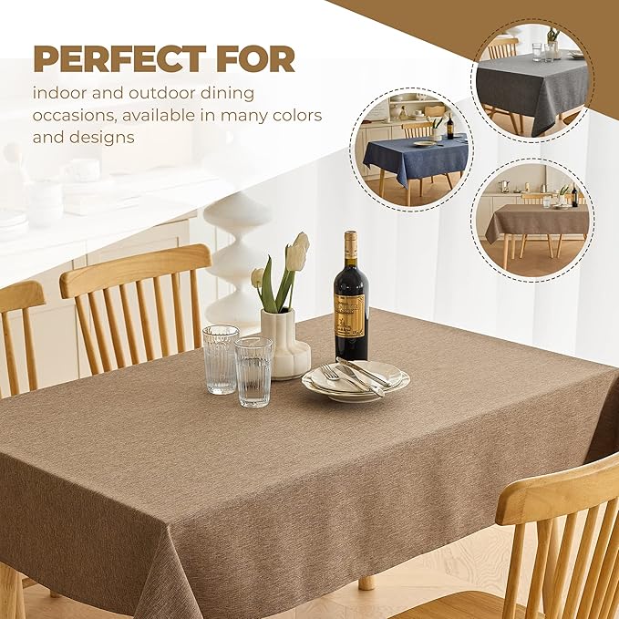 Decorative Linen Rectangle Table Cloth for Dining Room, Café, Birthday Party-Waterproof, Wrinkle Free Table Covers for Thanksgiving, Wedding (Oblong 60 x 144 Inch (12-14 Seats), Coffee)
