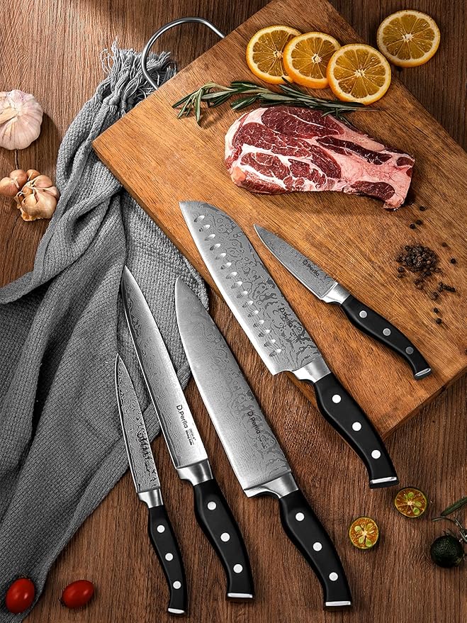Knife Set, D.Perlla 15 Pieces Kitchen Knife Set with Built-in Sharpener, High Carbon Stainless Steel Knife Block Set with Unique Waved Pattern, Triple Riveted Ergonomic Handle, Black