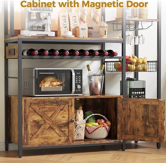IRONCK Bakers Rack with Power Outlet, 47.24 Inch Coffee Bar Cabinet, Kitchen Microwave Stand with Storage, Kitchen Shelf with Shelves, LED Light, Globlet Holder and Wine Basket, Vintage Brown
