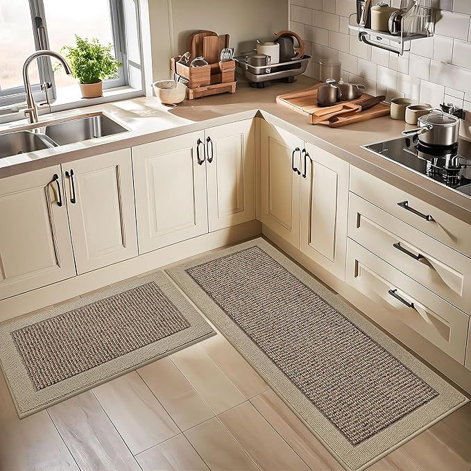 BEQHAUSE Kitchen Rugs and Mats Set of 2 Non-Slip Kitchen Mats for Floor, Absorbent and Stain Resistant Kitchen Runner, Machine Washable Rugs for Kitchen, Laundry & Sink, 24"x36"+24"x60", Taupe